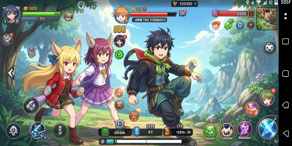 Screenshot gameplay 555F menampilkan karakter Anime yang dinamis dan aksi seru.