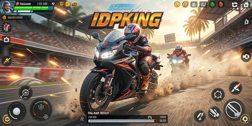 Screenshot utama IDPKING menampilkan aksi balapan motor yang mendebarkan.